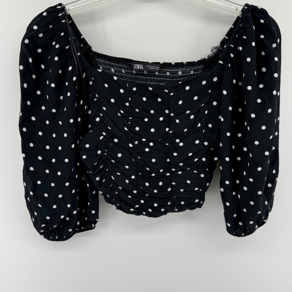 Zara Polka Dot Ruched Puff Sleeve Crop Top Black White Small Smocked Square Neck